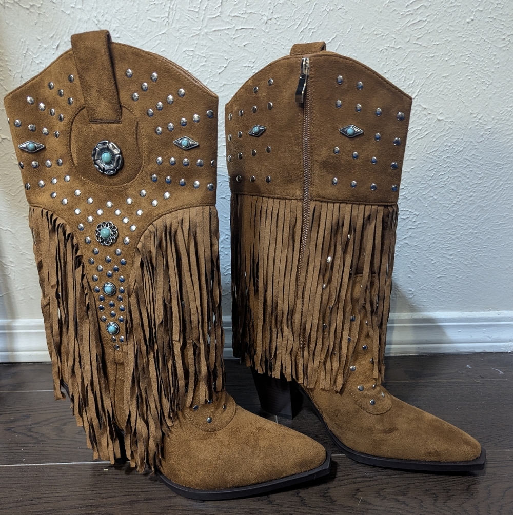 Fringed Brown Western Boots (Size 9.5, But Run On The Small Side Of It)